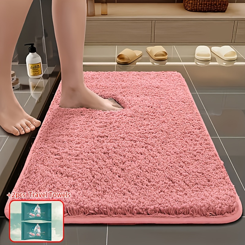 TEMU 3pcs/set - Thickened Plush Soft Comfortable Bathroom Anti-slip Safety Mat And 2pcs Travel Towels, Absorbent Non-slip Pad Suitable For Bedroom