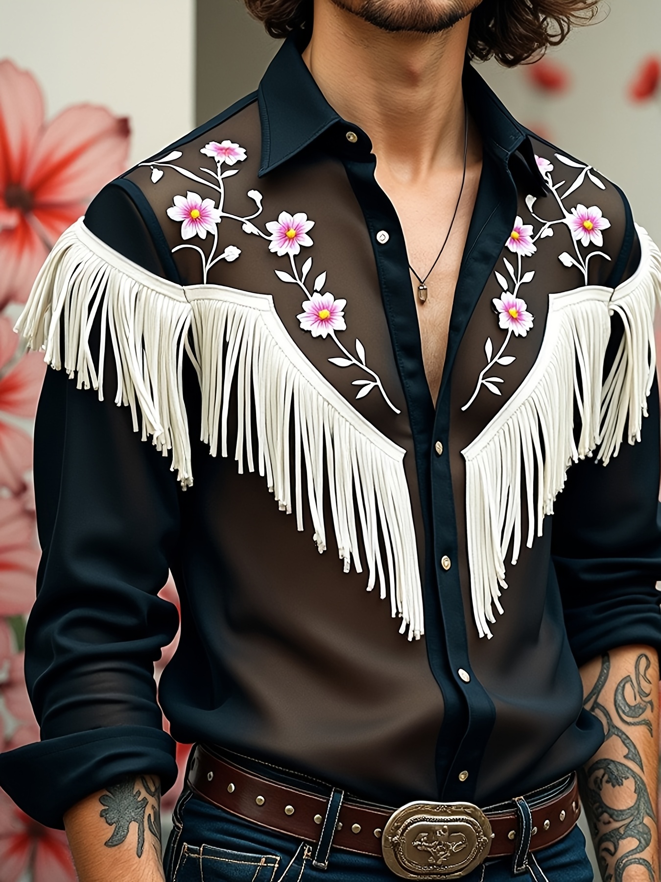   mens shirt with floral embroidery tassel decoration lapel long sleeves front button closure loose fit lightweight vintage western style casual shirt
