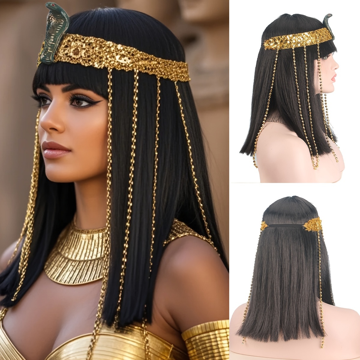 

Egyptian Cosplay Wig, 12-inch Women's Straight Black Wig With Bangs, Heat Resistant Net Cap, Theme Halloween Costume Synthetic Hair Wig