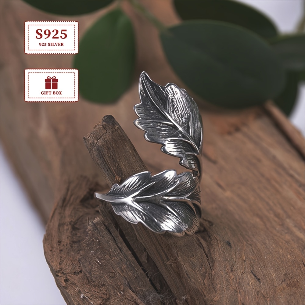 

1pc Elegant Vintage Style 925 Sterling Silver Wide Leaf Design For Women, Adjustable Band For And Parties, 2.6g