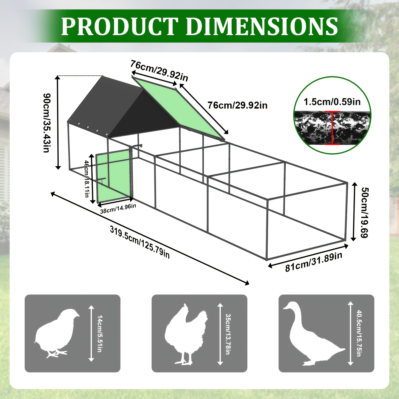 1pc Sturdy Metal Chicken Coop, Heavy-duty Poultry Run Pen Anti-rust, Walk-in Coop With Shelter For Duck Yard 319.5x81x90cm