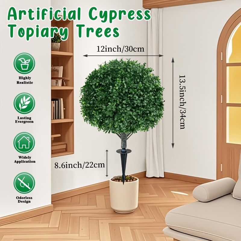 Image of 1/2 Pack Artificial Boxwood Topiary Ball Tree With Ground Spike, Set Of 2 Artificial Shrub Bushes, Fake For Porch, Artificial Plants For Outdoor Planters Indoor