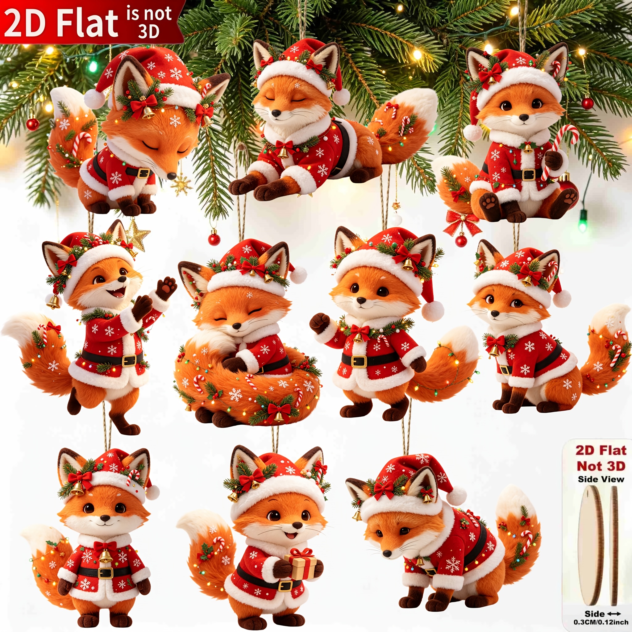 TEMU Set di ciondoli in legno 2D , 10 pezzi, a forma di volpe natalizia multi-stile, ornamento premium in legno per albero di Natale, decorazione per