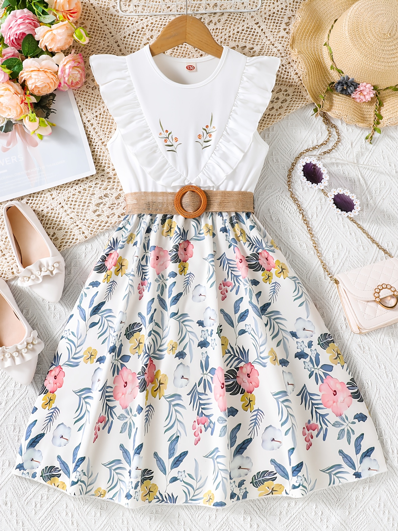 Robe Thé Manches Bouffantes Gap Fille - Taille 4 Ans, Bleu à Imprimé Floral, Occasion Très Bon état