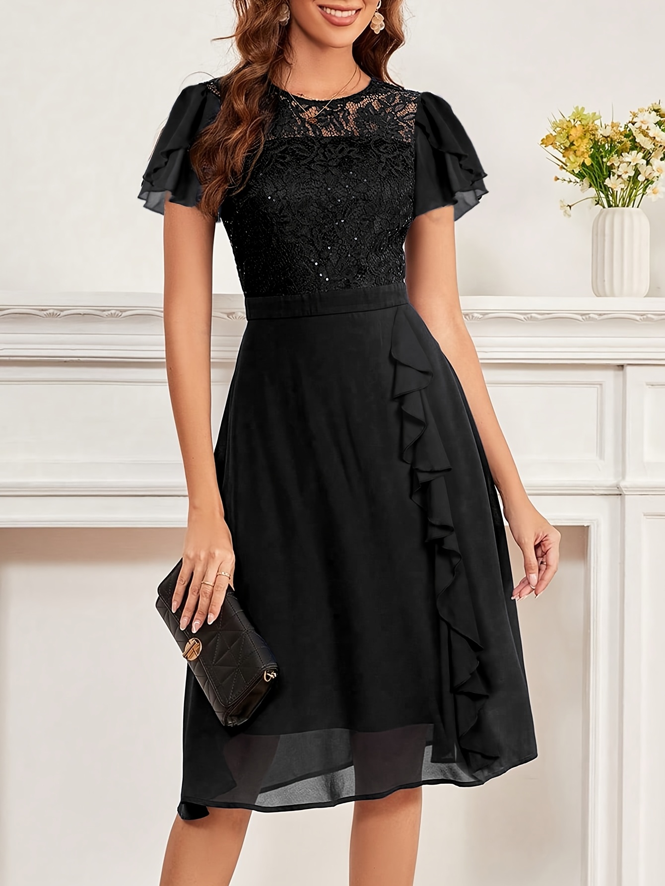 women's elegant black wedding bridesmaid dress short sleeve Temu
