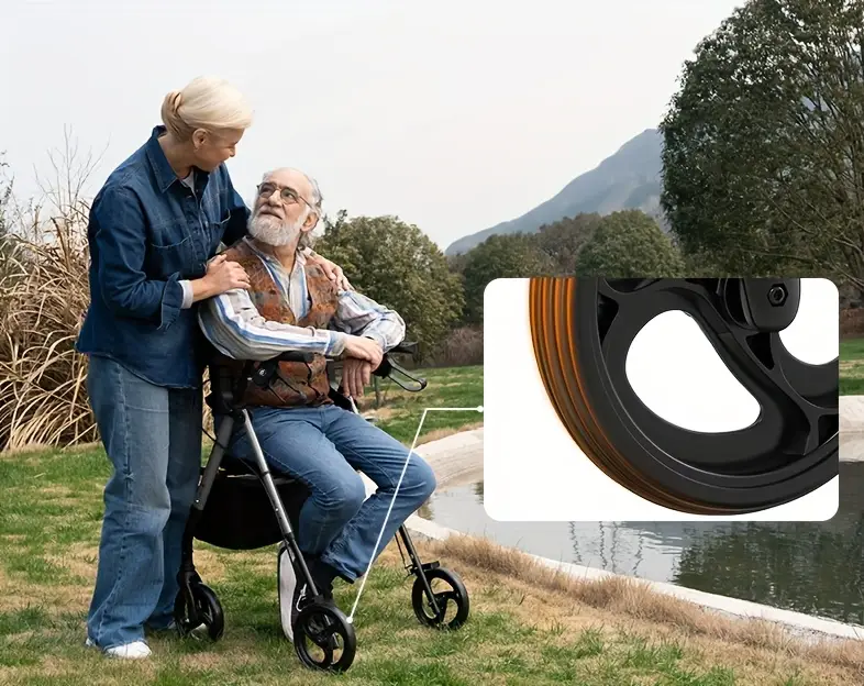foldable rollator walker for seniors durable aluminum frame 8 all terrain wheels ergonomic seat backrest dual adjustable height 300 lb capacity storage basket linear brakes details 1