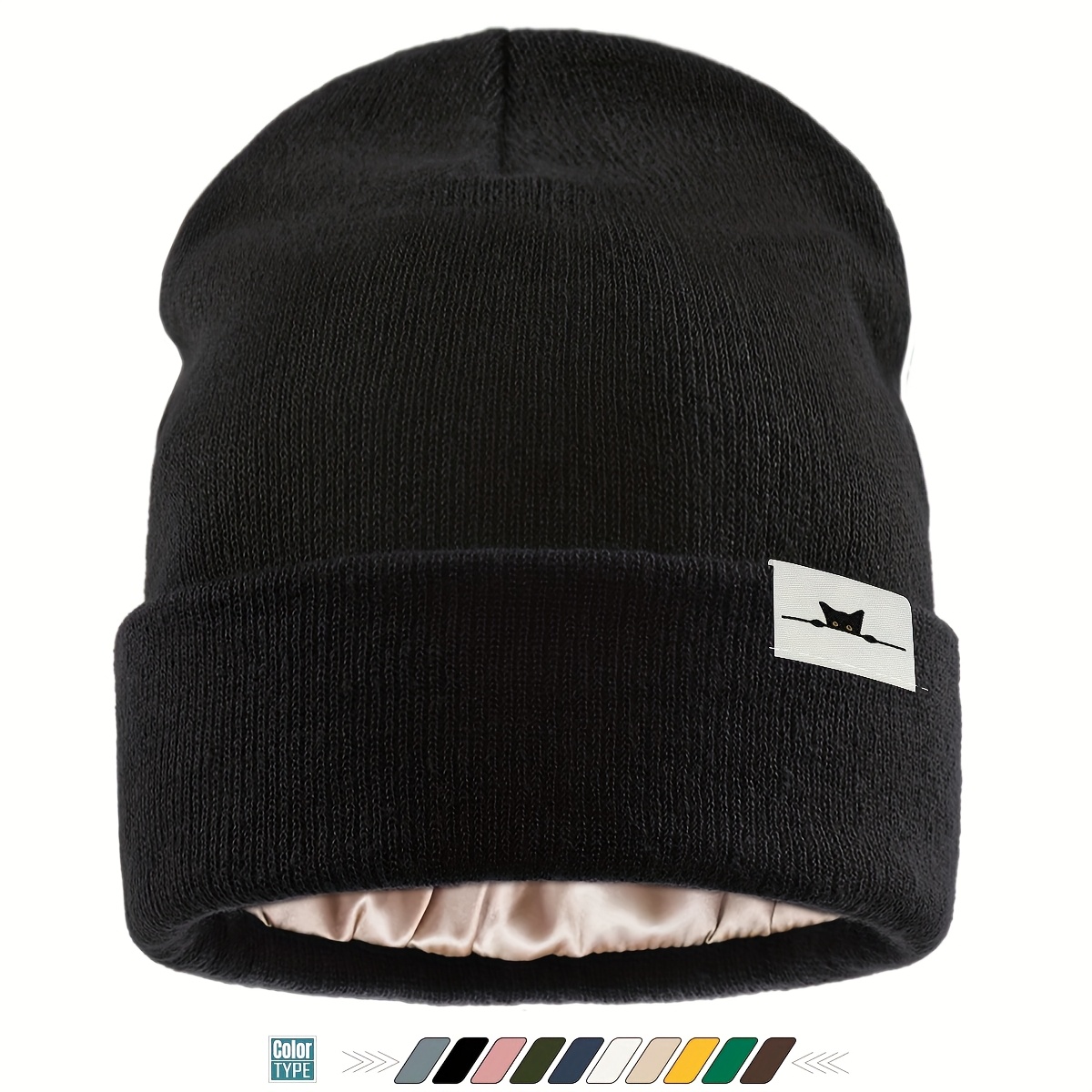 TEMU Bonnet bord Cat Label doublé de satin, léger et confortable pour homme et femme, bonnet pull automne/hiver, bonnet de ski d'hiver, bonnet et