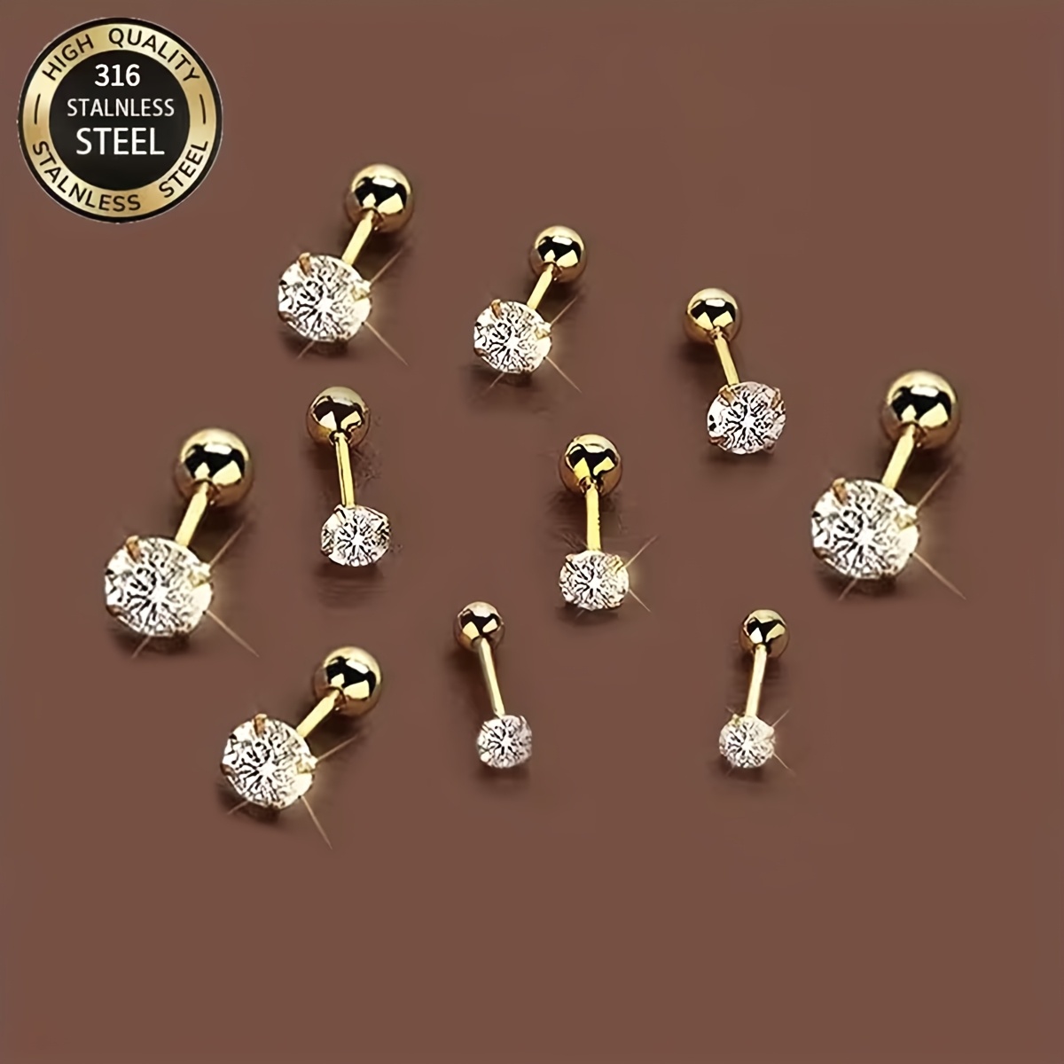 TEMU 10pcs (5 Pairs) Stainless Steel 4-prong Round Cubic Synthetic Zirconia Stud Earrings. Daily Wear Friendly, Couple Style, Ideal Holiday Gifts.
