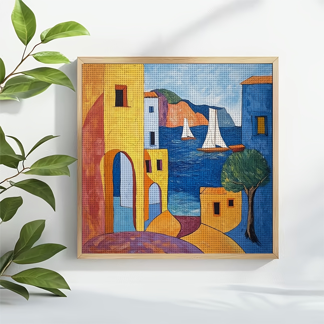 DIY Cross-Stitch Printed Kit, Unframed, "Colorful Coastal Sailboat" Design