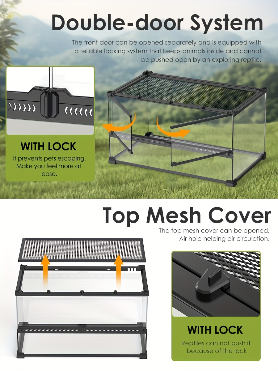 Terrario a doppia anta in vetro temperato per rettili, ideale per lucertole, camaleonti, iguane, gechi, serpenti, tartarughe e rane, dimensioni 50*30*25 cm / 19.69*11.81*9.84 pollici