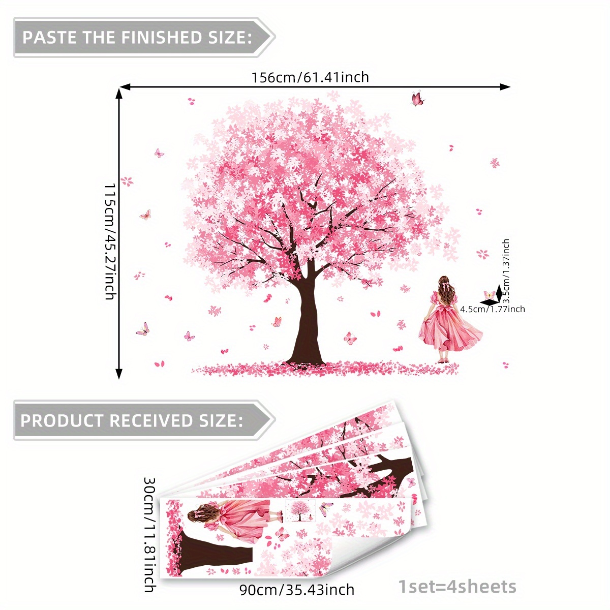 Image of A Set Of 4 Hand-painted Pink Trees And Girls Wall Stickers Living Room Bedroom Background Wall Decoration Wall Stickers M16108-yj
