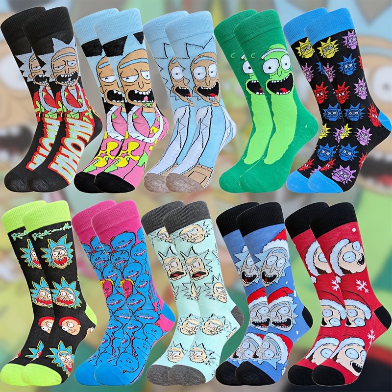 Temu Wb 6-Pack Herrstrumpor Med -Tema – Rick’S Ikoniska Design, Mortys Ansikte & Rick’S GlasöGon – Mid-Calf/Over-The-Calf-LäNgd – BulkföRpackning-image