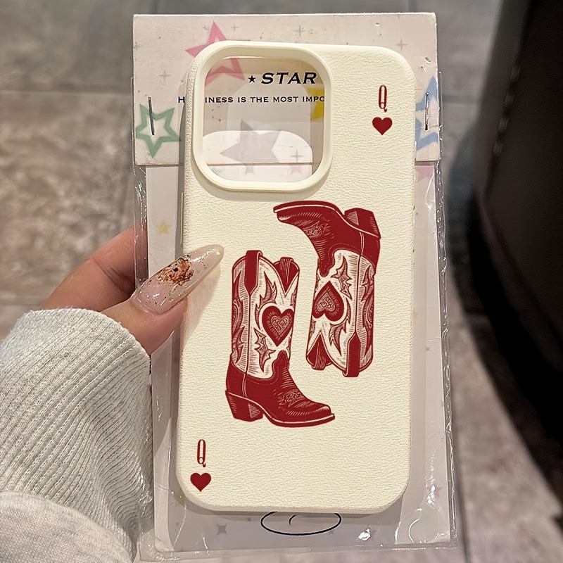 TEMU Phone Case: 1 Phone Case With A Sweet And Edgy Red Heart Cowboy Boot Pattern, And Unique. Made Of Lychee Texture Material, Which Is