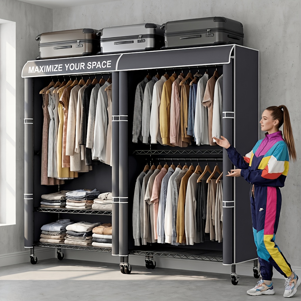 TEMU Portant à vêtements en métal avec housse -poussière amovible et roulettes verrouillables, 2 pièces, organisateur de penderie autoportant,