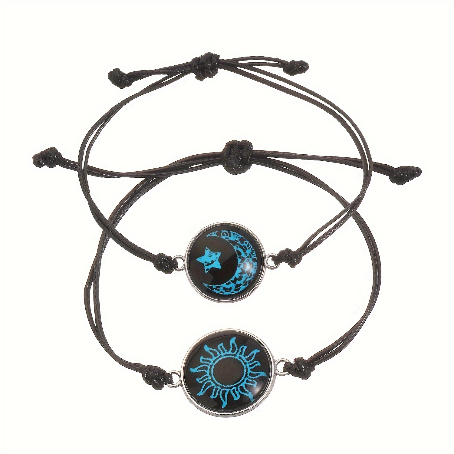 TEMU Boho Simple Dame Tau Armbånd Sett med 2 - PU Lær Vev med Sol og Måne Tid Gem Design, Glød i Mørket, Justerbar, Perfekt for og Gavegiving-image-17592668705874