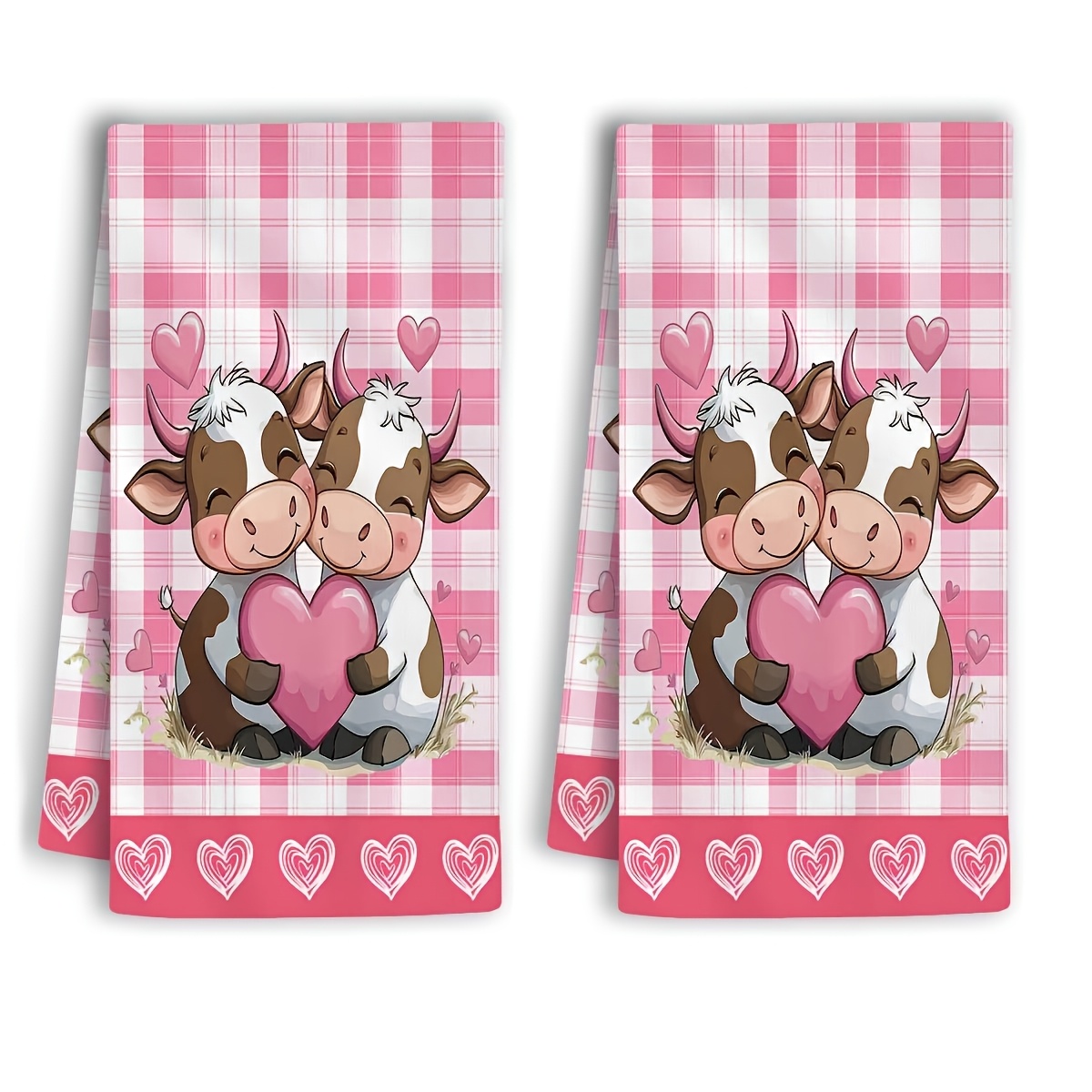 TEMU 2pcs, Polyester Single-sided Printed Humorous Kitchen Towel Set Featuring Cartoon Cows With On A Buffalo Checkered Background. Includes Dish