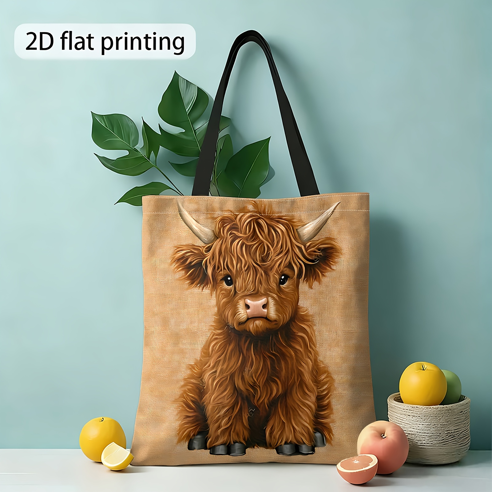 Image of Easter Themed, 2d Printed Tote Bag, Plush Highland Cow, Reusable Shopping Bag, Women's Shoulder Bag And Tote Bag