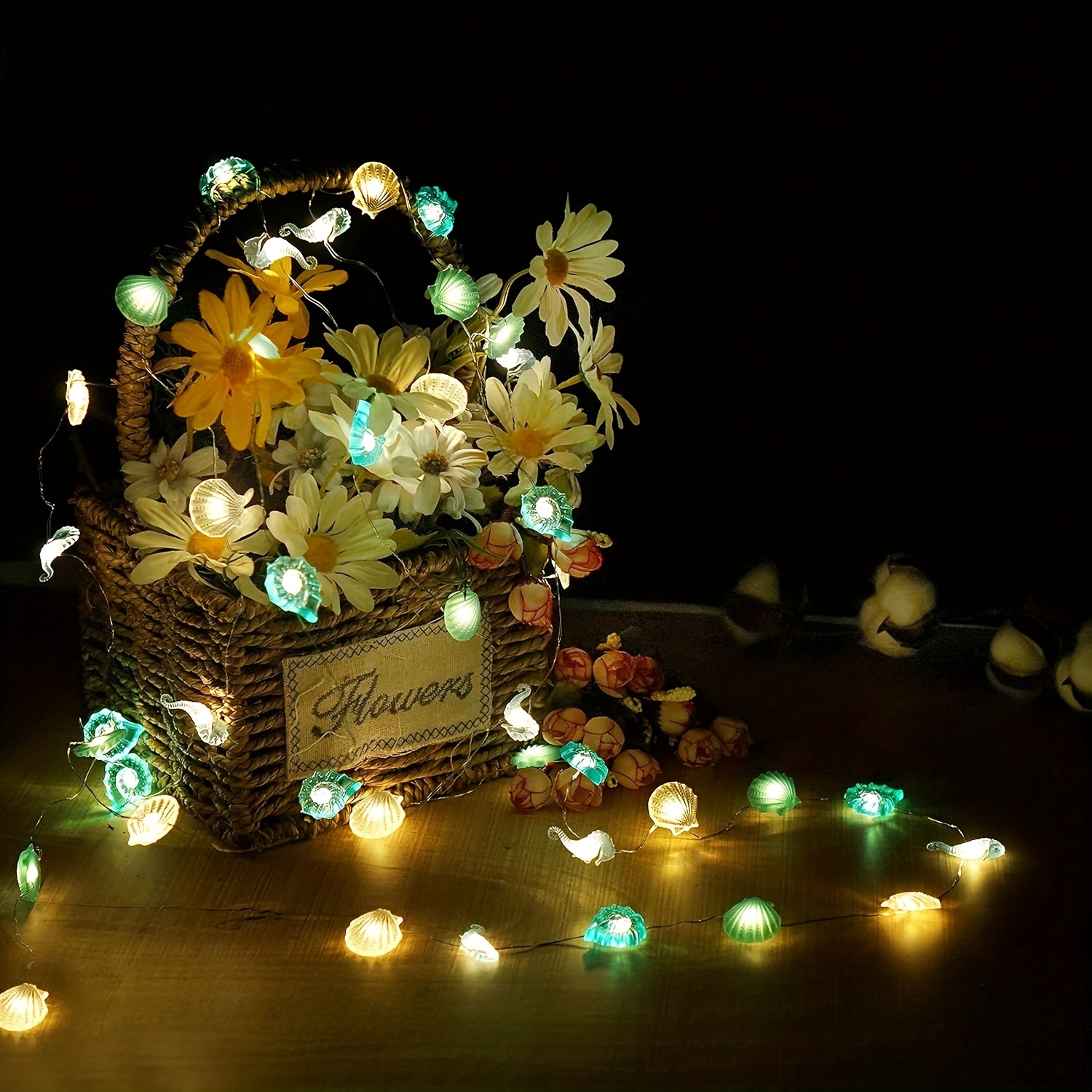 E-shop 1 Stück LED-Kupferdraht-Lichterkette mit Muscheln, Seesternen & Conchen, Batteriebetrieben (Batteriefrei), Knopfsteuerung, Kunststoffmaterial –
