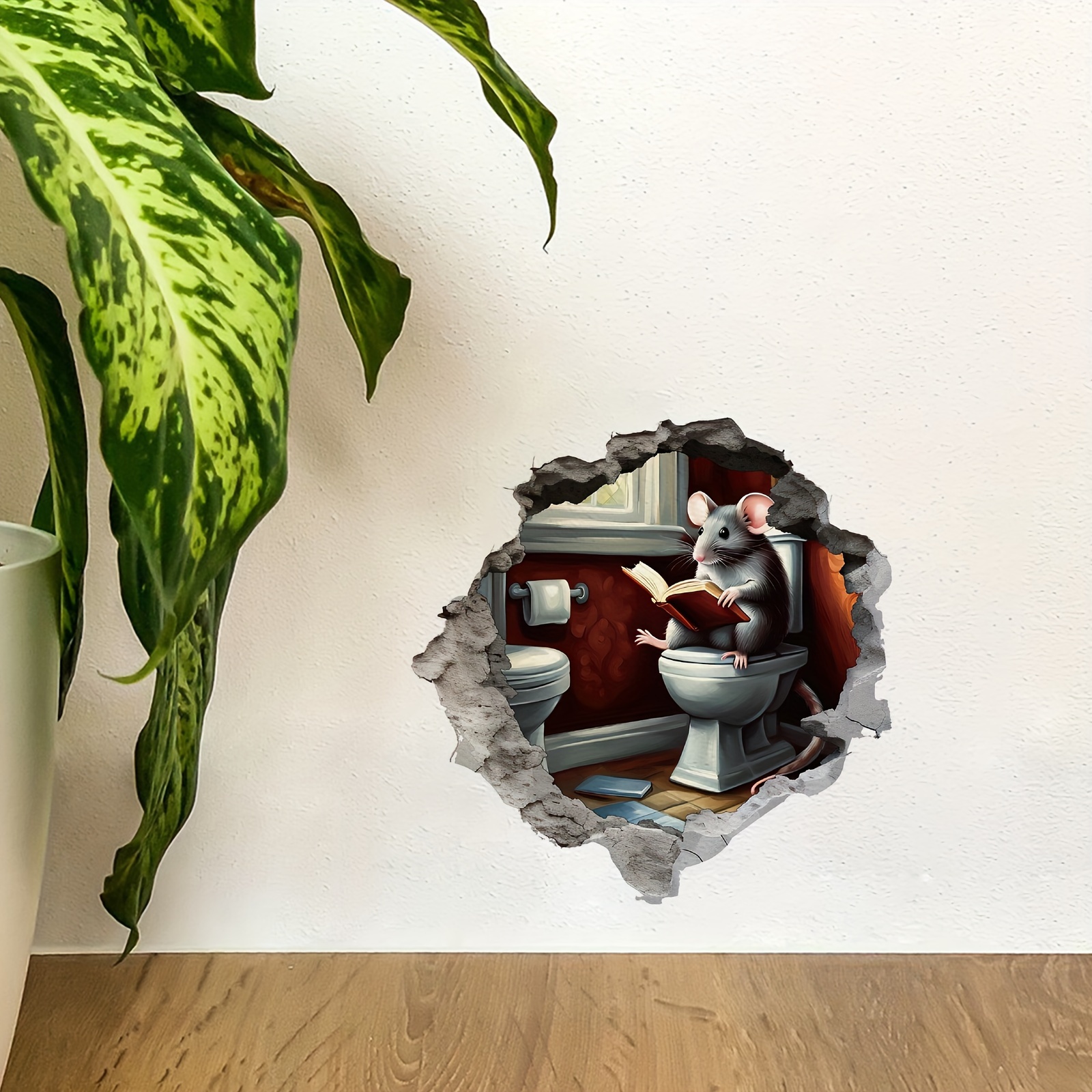 Autocollant Mural 3D – Souris Assise Sur Toilettes Dans Un Trou (effet Trompe-l'œil)