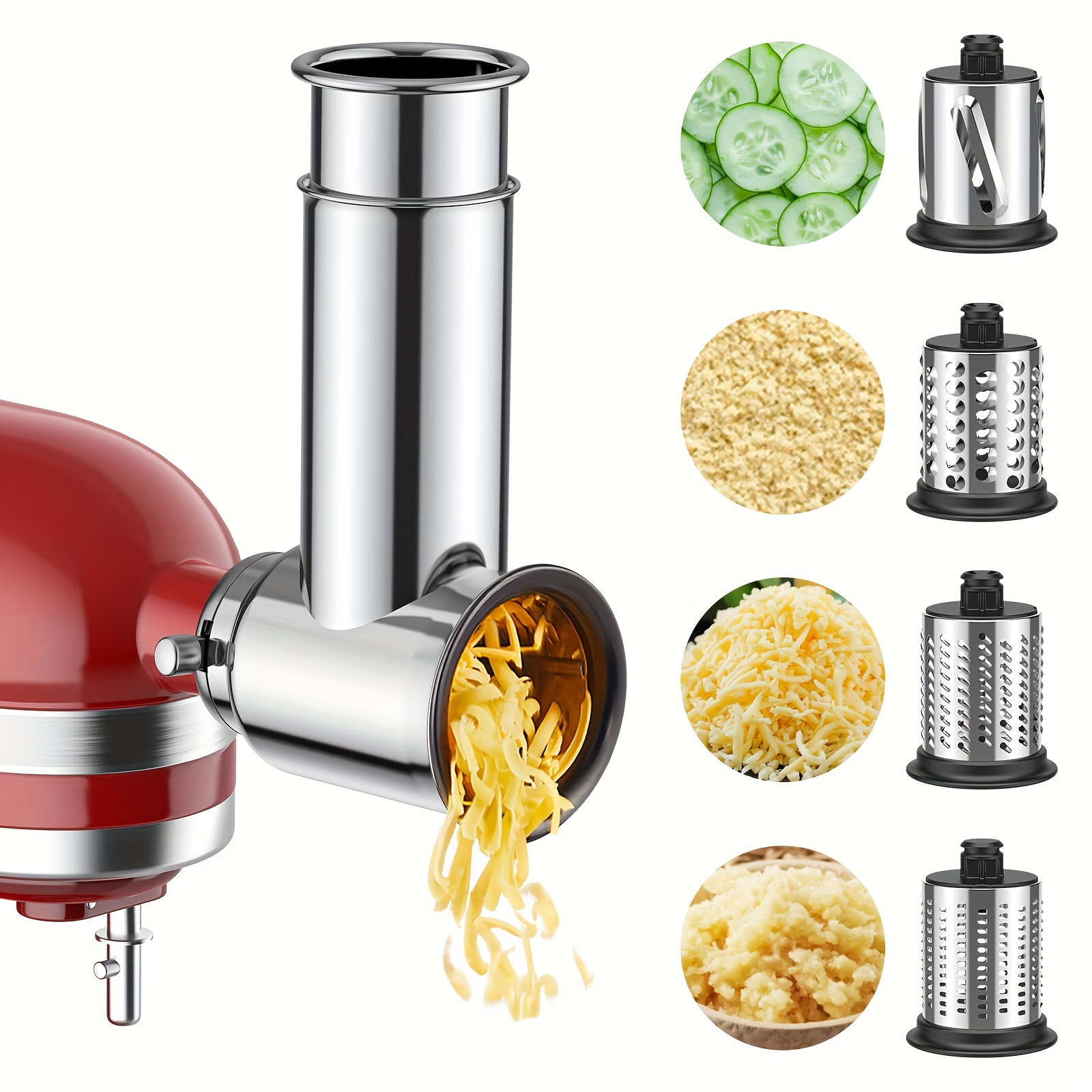 TEMU 1pc Stainless Steel Slicer Mixer Attachment Vegetable And Fruit Slicing, Shredding, Grinding, And Grating - 4 Top Rack Dishwasher Safe Blades, Salad Makers, Cheese , And