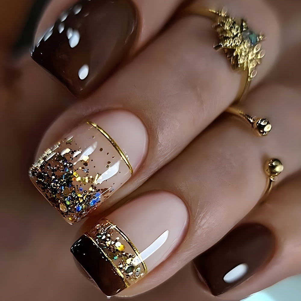 

24-piece Glossy Short Square Press-on Nails Set - Brown & Gold Stripe Glitter, Full Coverage Fake Nails For Women
