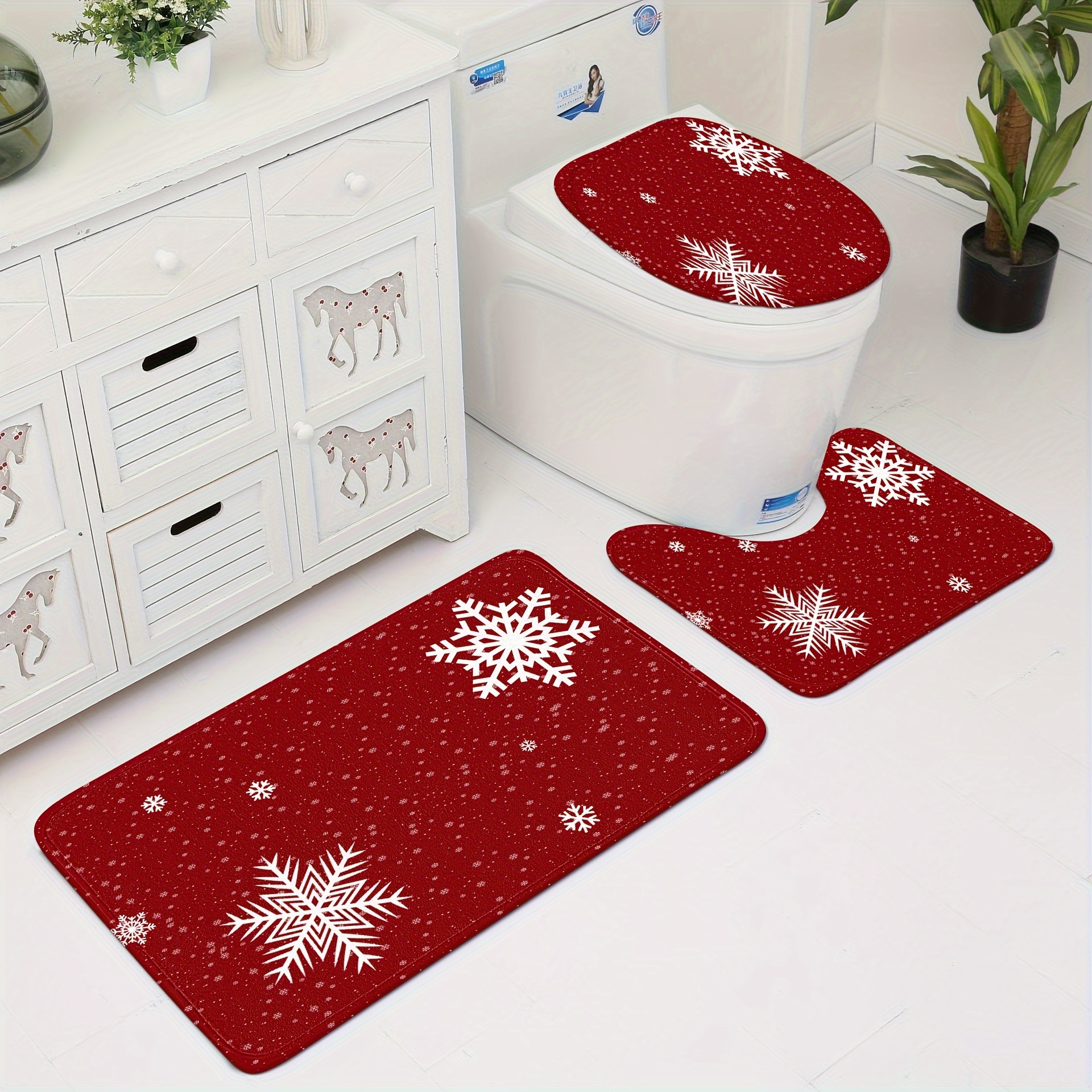 

Christmas Red Background Pattern Bathroom Set: Includes U-shaped Toilet Seat Cover, Bath Mat, And Oval Rug - Holiday Decorating