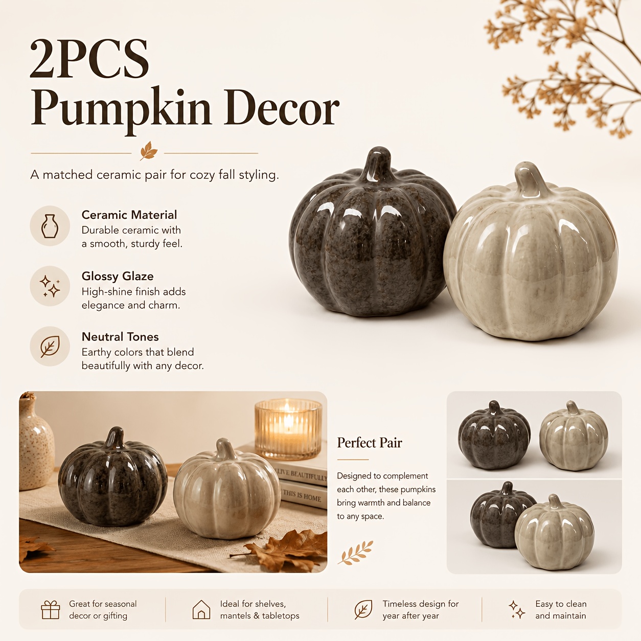 2pcs Glossy Ceramic Pumpkin Decorations for Halloween & Fall