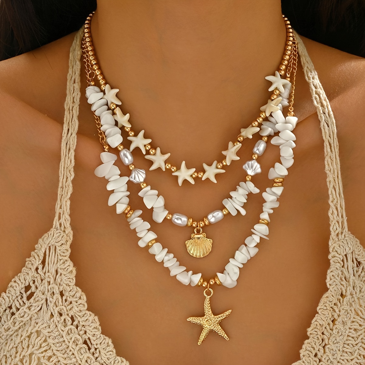 TEMU Juego de 3 collares con colgante de , y concha de de sintética con cuentas CCB y de aleatoria, estilo bohemio de vacaciones en - Regalo de San