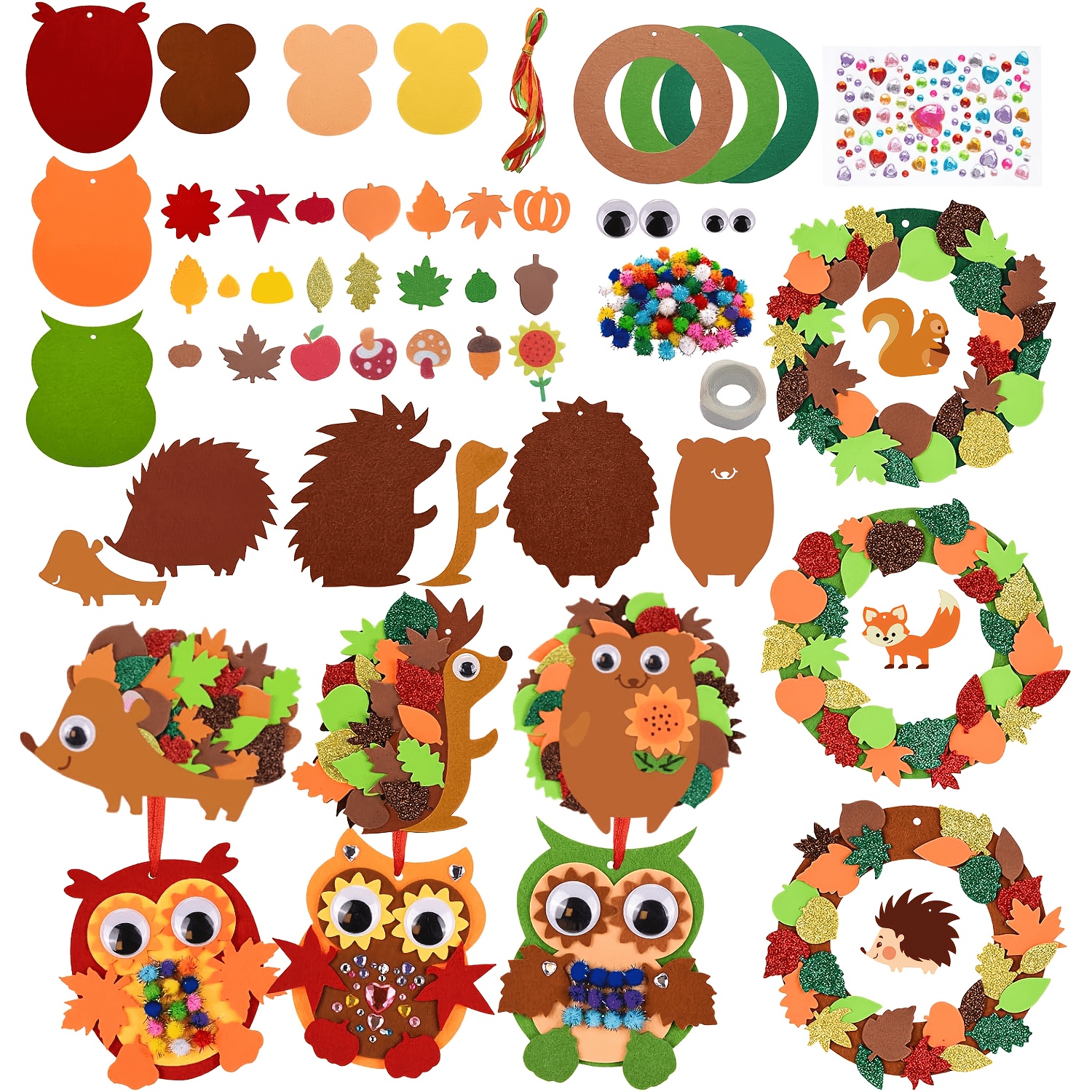 TEMU Kit de bricolage de couronne en feutre d'automne pour enfants (Packs de de fête multi-articles) - des en feutre des hiboux, des hérissons et des