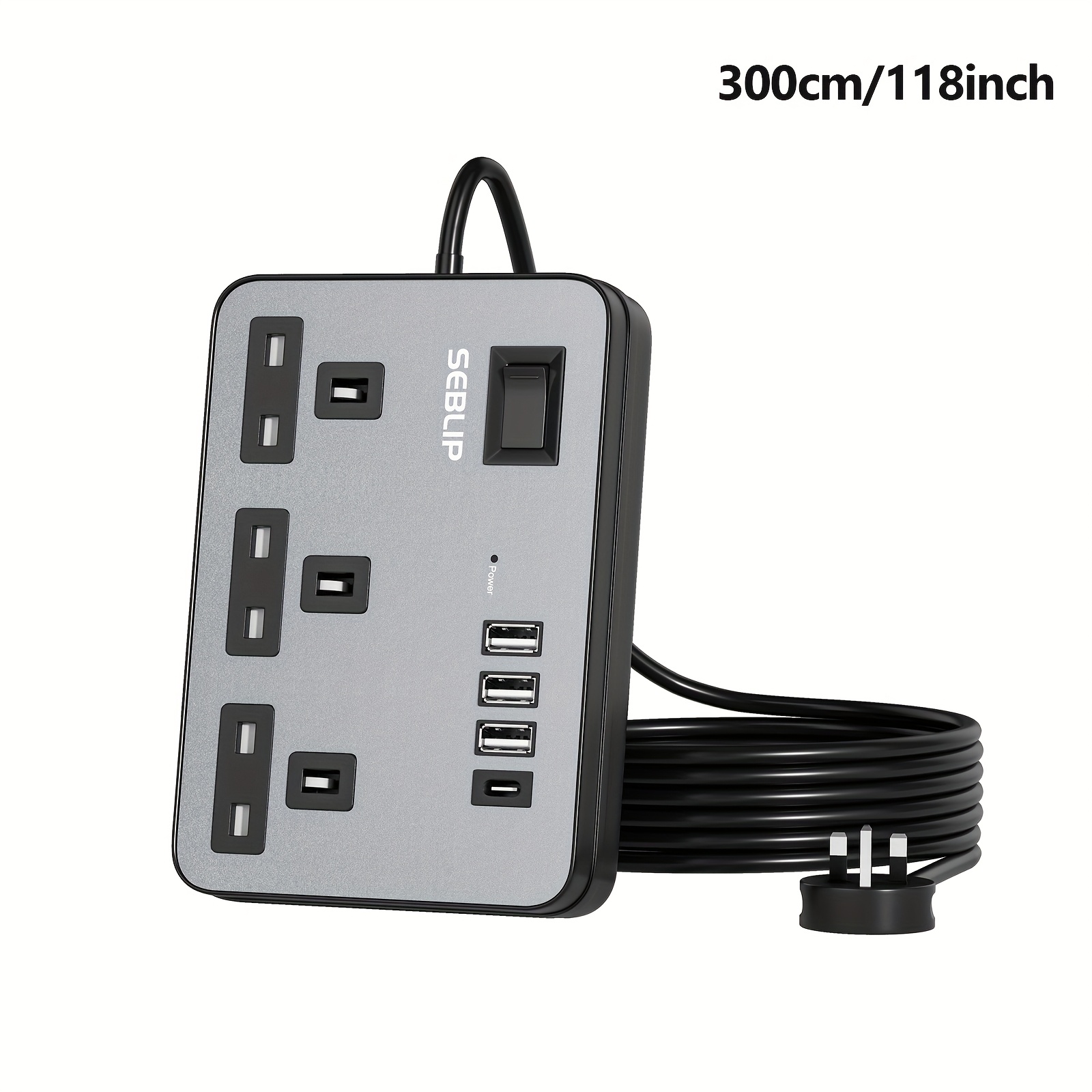 TEMU Uk 7in 1 Power Socket Extension Cord, 1/1.8/3/5m Extension Lead 3 Ac Outlets Adapter Power Strip Extension Cord, 1 Key Switch Control, Wall