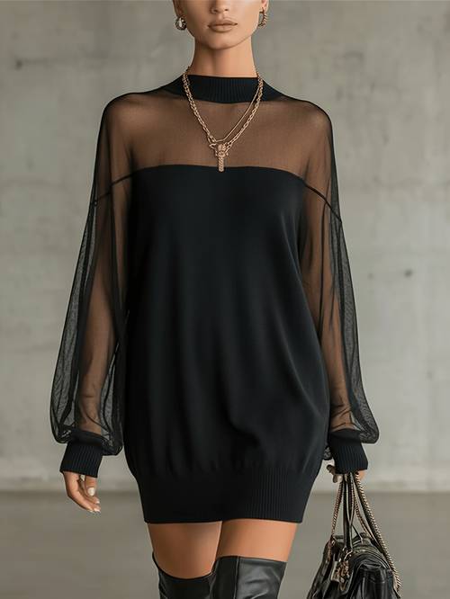 item picture plus size fashionable elegant mesh ribbed round neck lantern long sleeve plus size dress