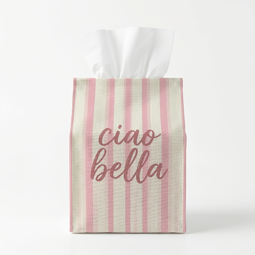 TEMU 1pc Coquette Preppy Romantic Decorative Tissue Box Holder " Bella" Stripe Soft Canvas Organizer With Neat Stitching, Elegant Accessory For