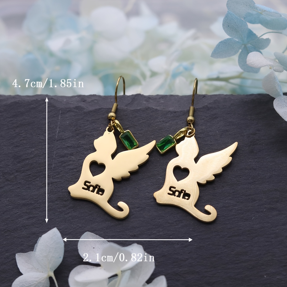 Customized Name Angel Wing Dangle Earrings with Green Zirconia
