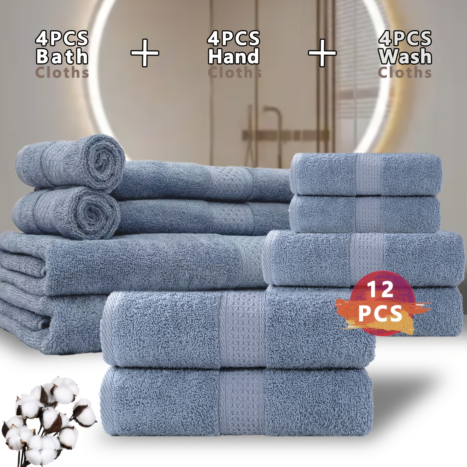 TEMU 100% Cotton Bath Towels Set - 12/24pcs, Bath Towel, Hand Towel, Washcloths, 450 Gsm 100% Cotton Soft & Absorbent Towels For Bathroom, Cleaning