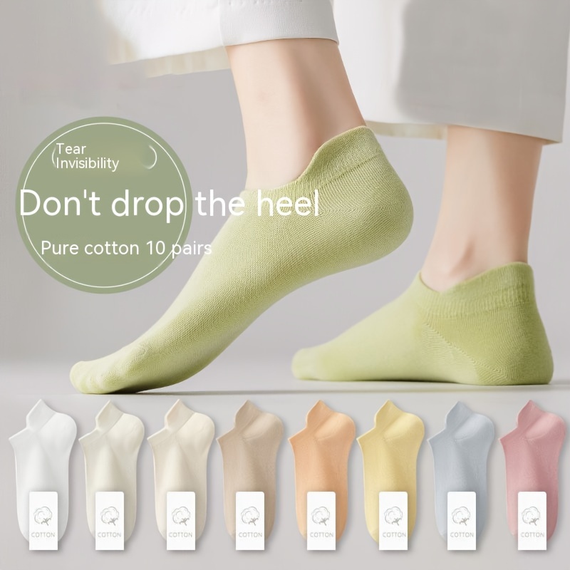 

10 Pairs Of Randomly Boat Socks For Women, Thin Solid Color Socks With Heel Protection, Women's Invisible Socks, Casual Short Socks For Summer