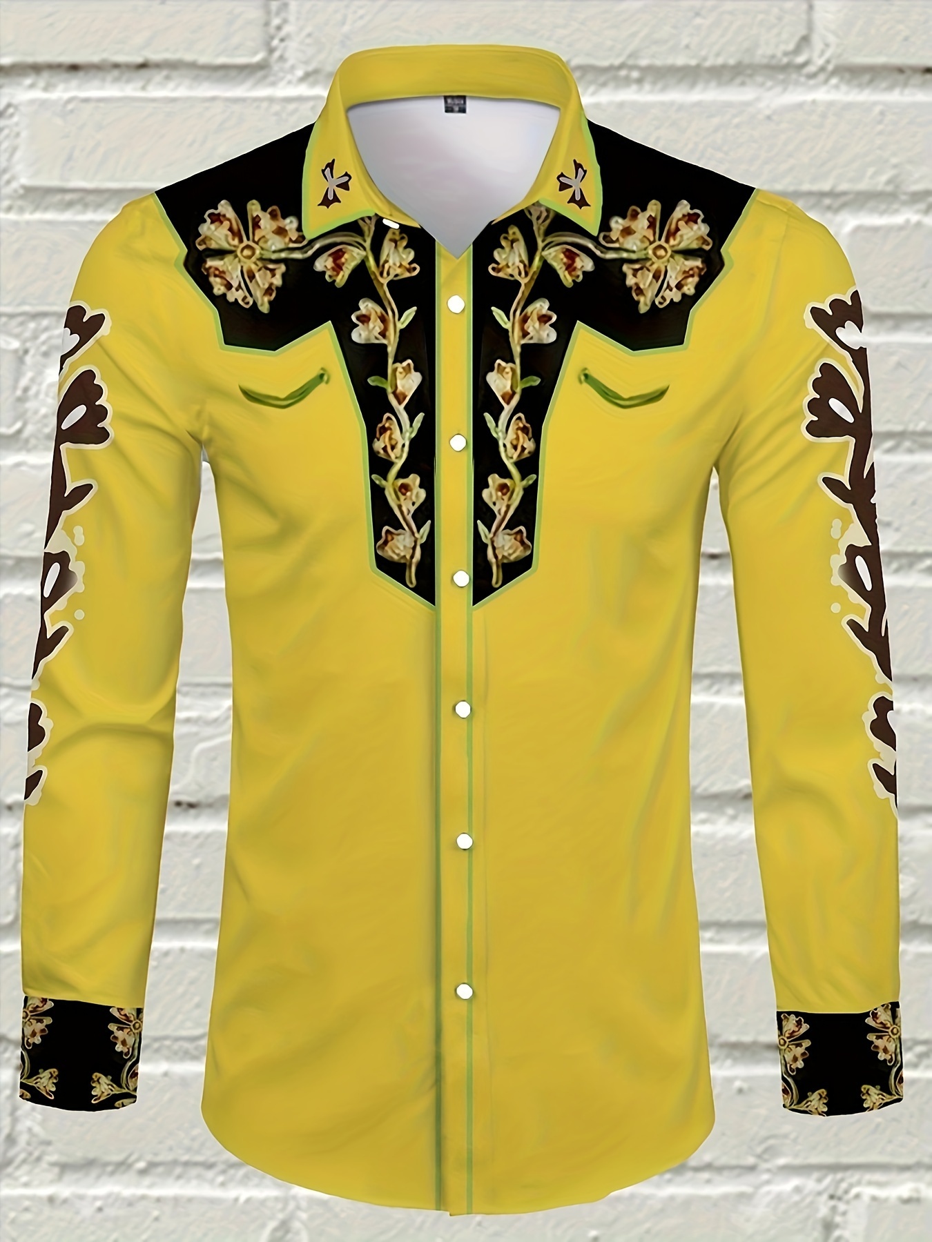 vintage floral print mens color block long sleeve button up shirt for spring fall mens banquet dress yellow 2