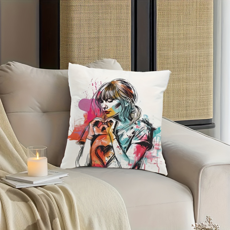 

1pc, Pattern Short Plush Throw Pillow Cover, Female Singer, Song Album Fan Gift, Women's Decorative Cover, Suitable For Room Types, 18*18 Inches, Without Pillow