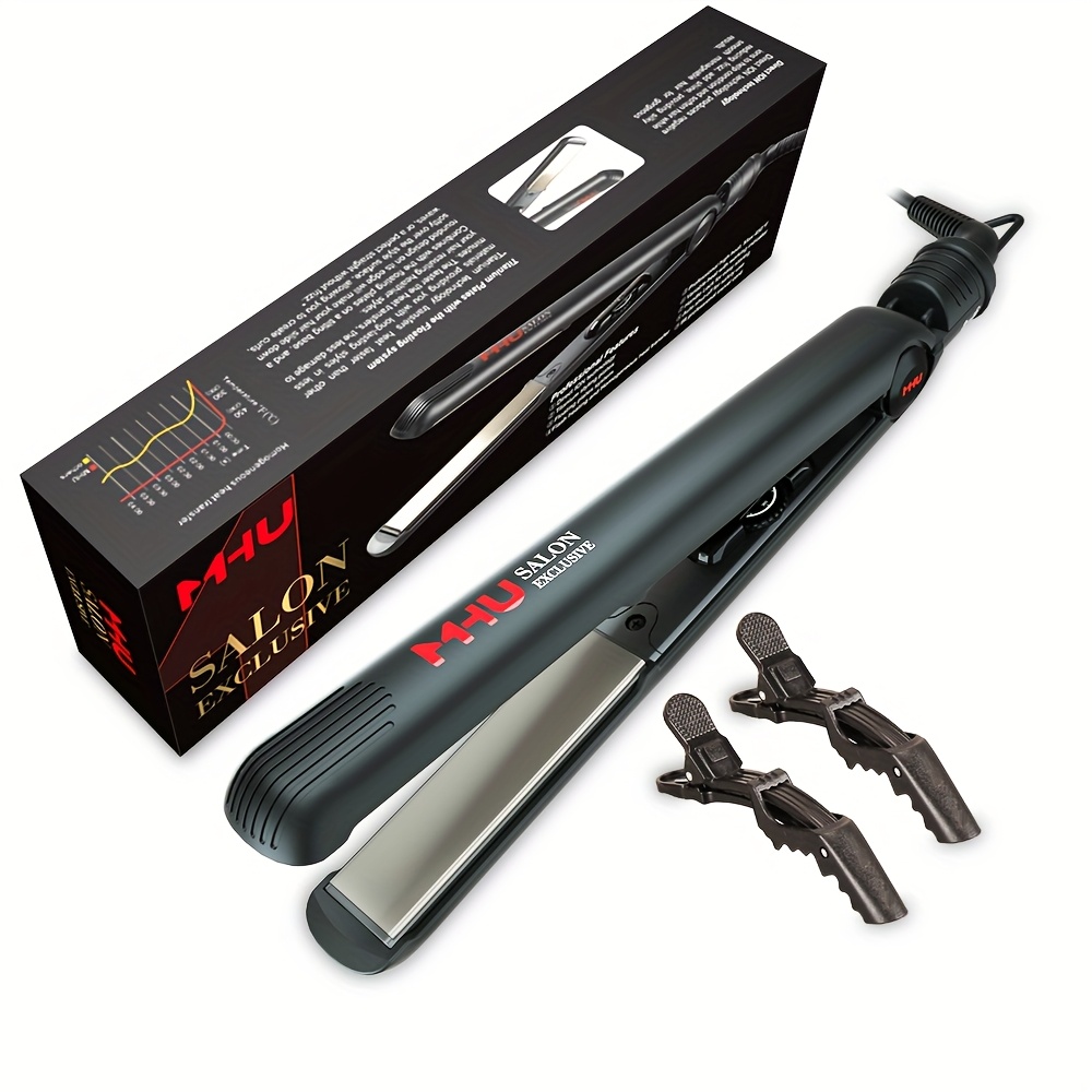 TEMU Professional Dual Straightener 1 Inch Hair Flat Iron Negative Technology Straightening 2 X Salon Clips, Black