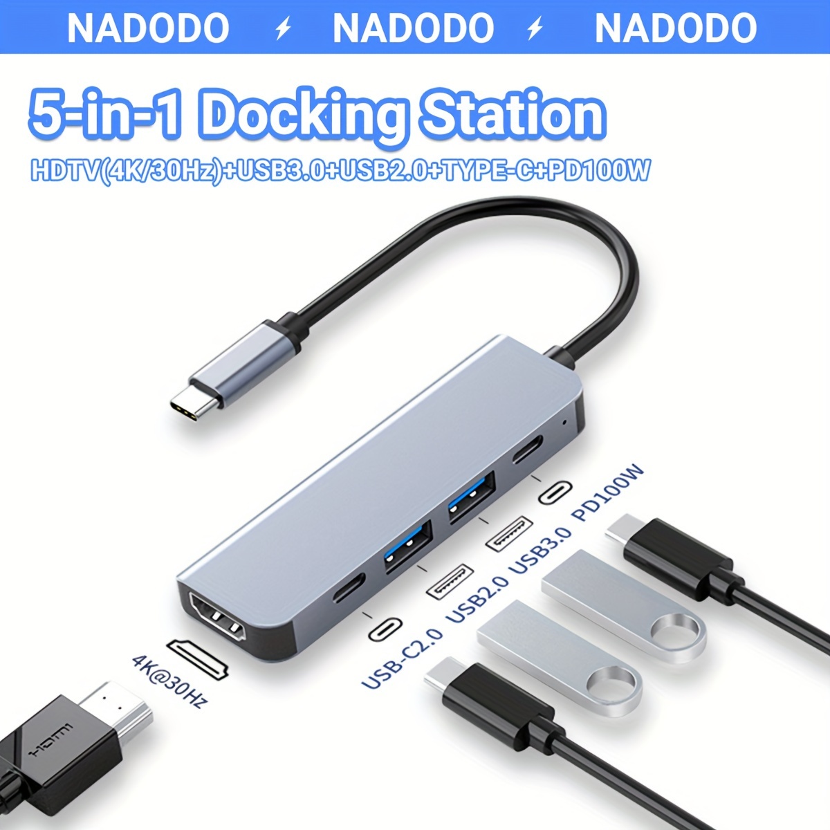 Adaptador multipuerto USB C, HDMI 4K, USB 3.0, PD 100W