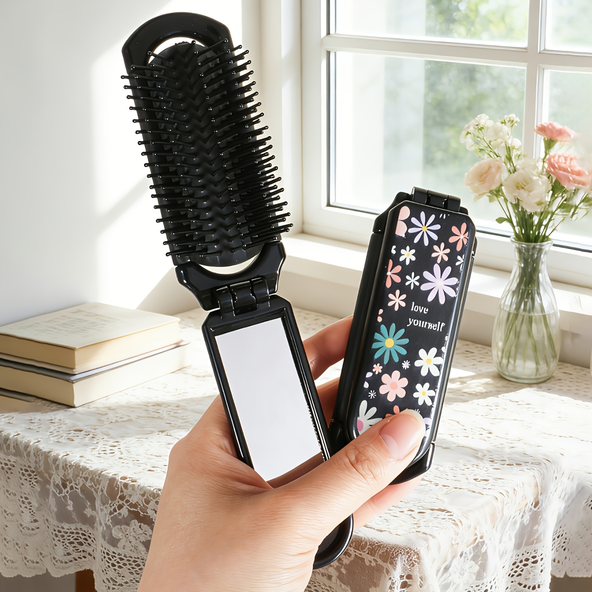 TEMU 1pc Foldable Comb With Mirror & Pocket - Love Yourself Print Compact Travel Hair Comb Suitable For , Portable Pocket Mirror Comb For Braids,