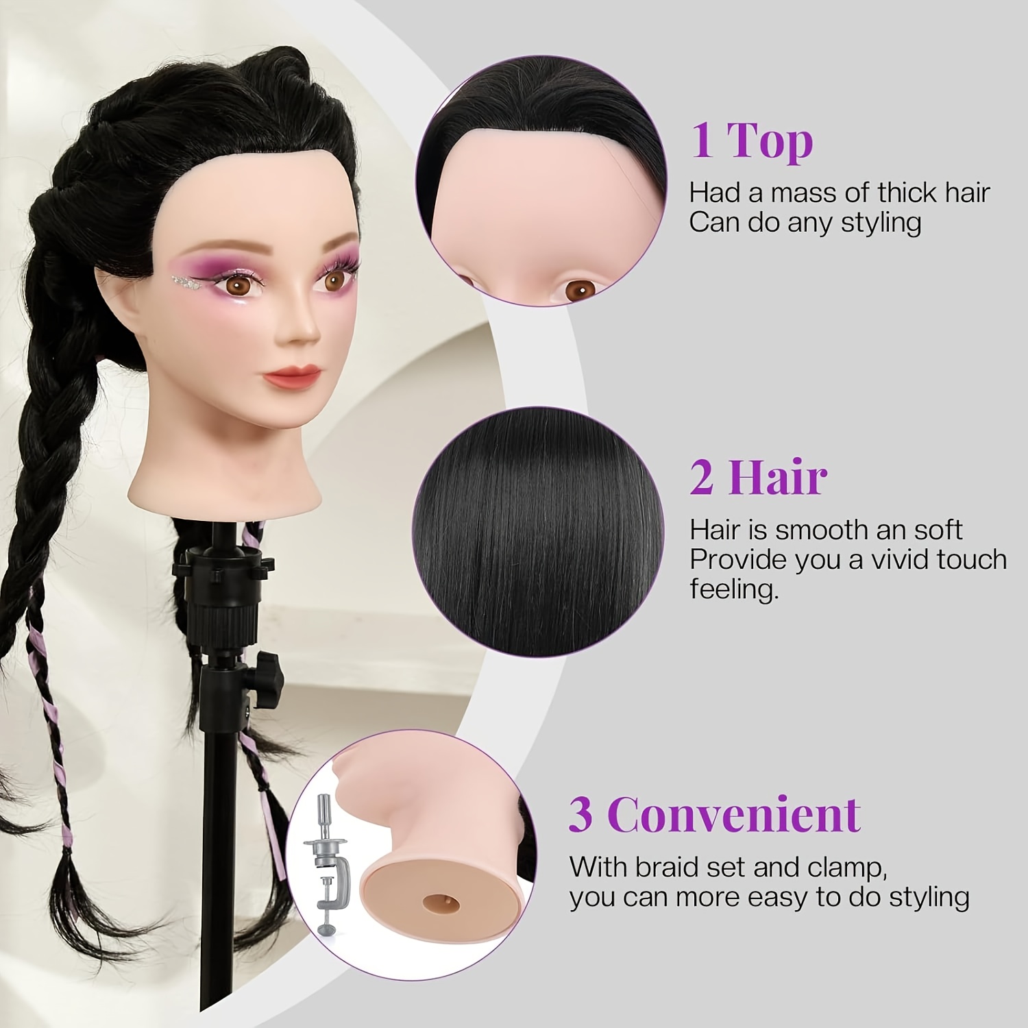 24 inch hairdressing mannequin head made of synthetic fibers complete with a clamp and a braiding kit suitable for halloween props and for adults of any gender Product details 10