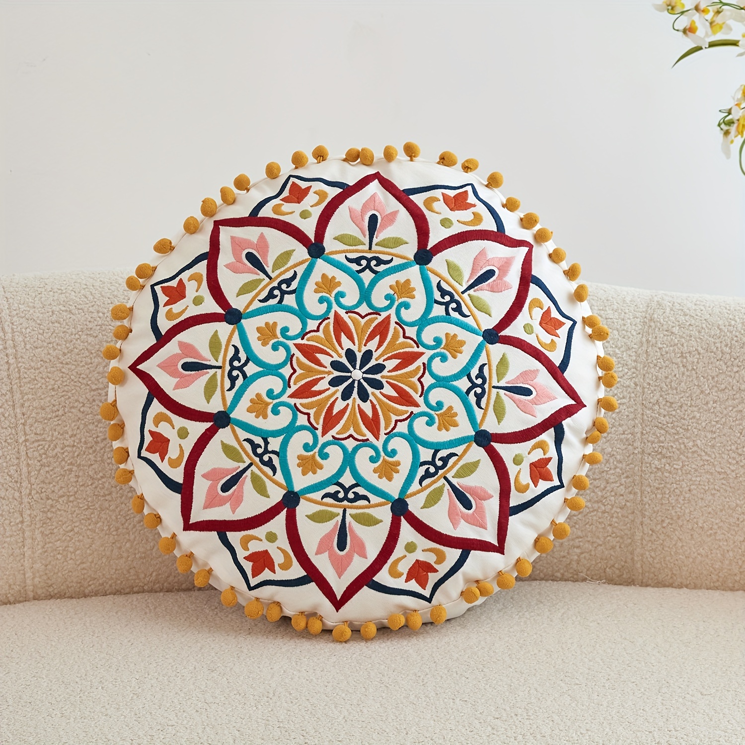 

Embroidered Round Throw Pillow Cover 1pc, Traditional-style Mandala Pattern With Zipper Closure, 100% Cotton Woven Decorative Cushion Case For Various Room Types, Machine Washable