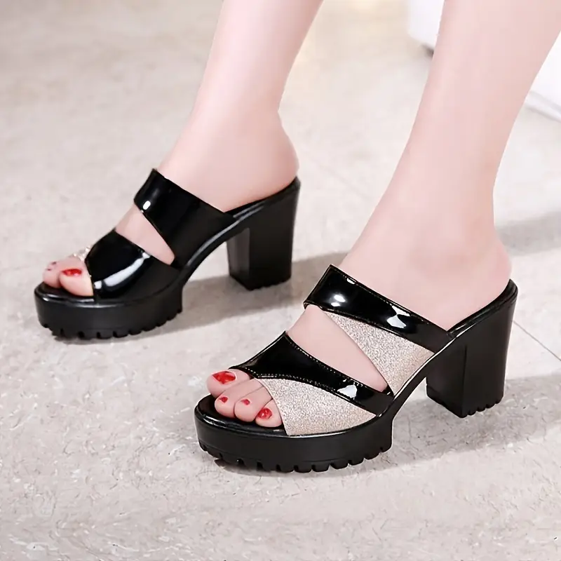 womens solid color stylish sandals slip on platform soft sole sequins decor shoes comfort dress chunky heels details 3