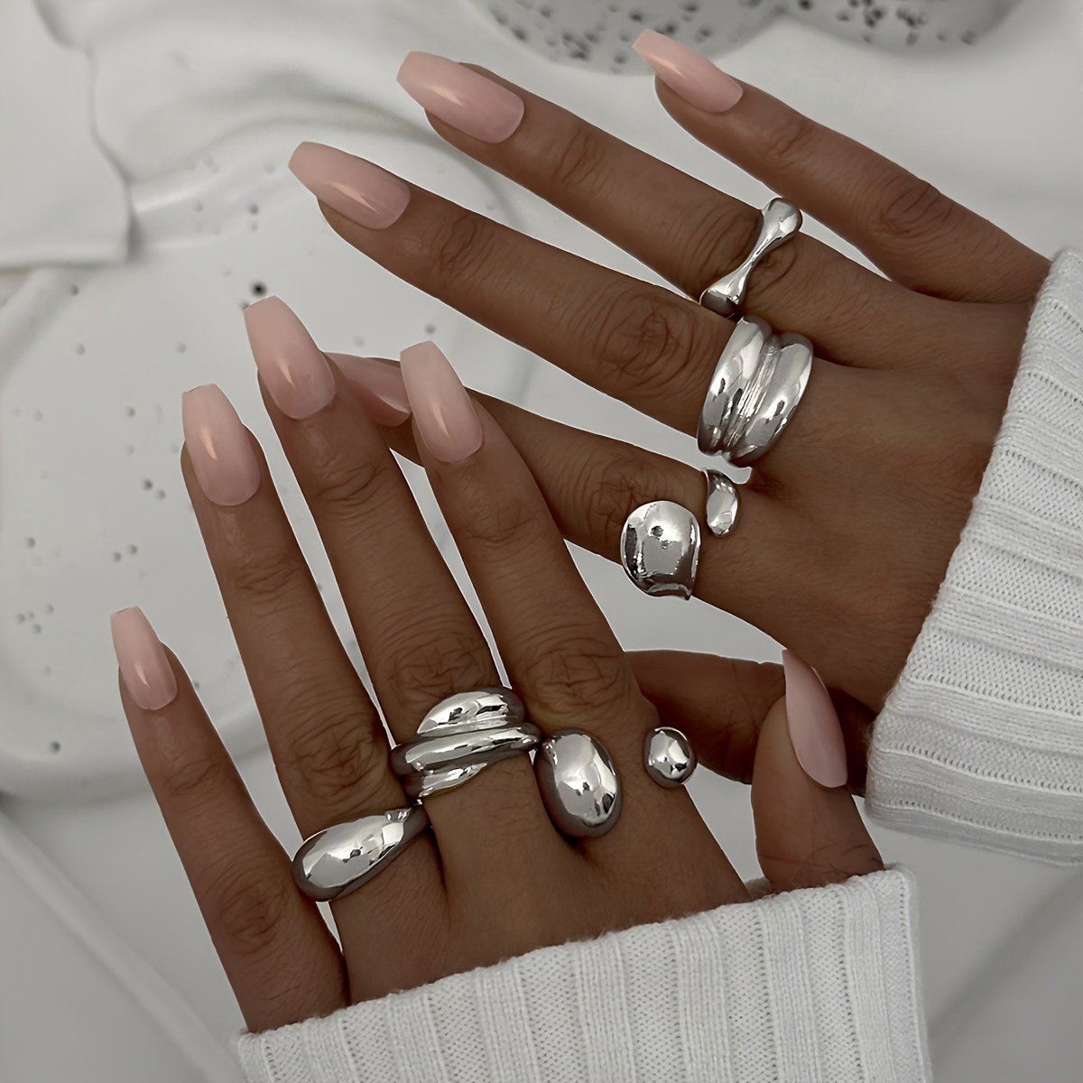 6pcs Alloy Polished Glossy Ring Set - Stylish, Sexy, And Elegant Wide-style Geometric Cold- Stackable Rings For Versatile Fashion