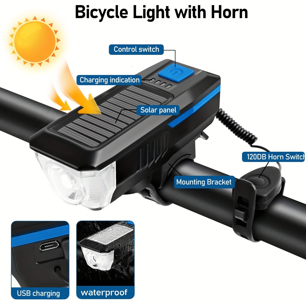 1pc Solar Powered Bicycle Horn Light With Power Indicator, T6 Bright LED Front Light, USB Rechargeable, High-Decibel Horn, Multiple Light Modes (350/200 Lumens)