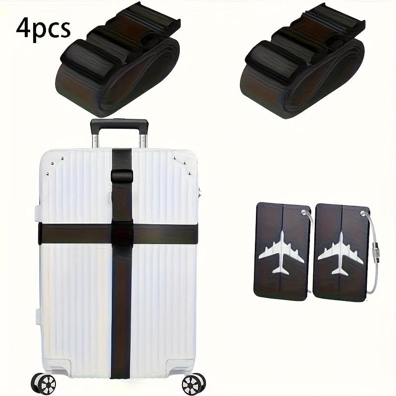 Image of 4pcs/set 2pcs Luggage Straps+2pcs Tags), Luggage Straps, Travel Straps, Travel Set Metal Luggage Tags, Travel Essentials, , Black/blue/green, Nylon, Suitable For Handbags And Suitcases