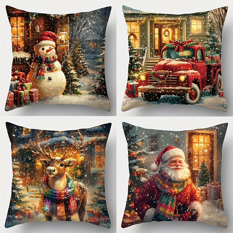 

4pcs Christmas Throw Pillow Covers Set - Santa Claus, Truck & Reindeer Designs | Soft Polyester, Zip Closure | Home & Sofa Decor | Machine Washable | 17.7x17.7 Inches (pillows Not Included)