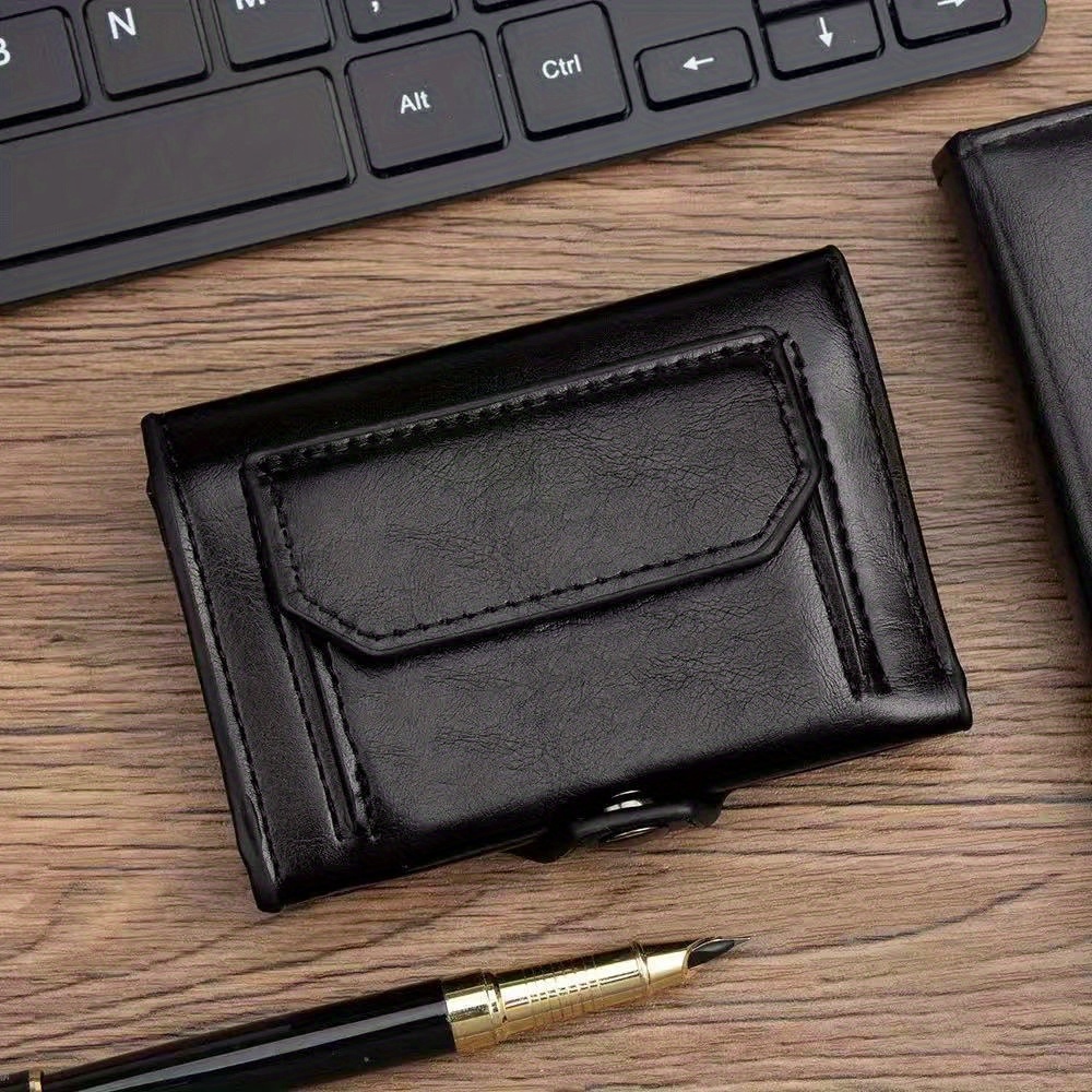 E-shop Neue minimalistische Vintage PU Kartenhülle, Brieftasche mit Druckknopfverschluss, abwischbar mit separatem Münzfach, tragbarer Kartenhalter
