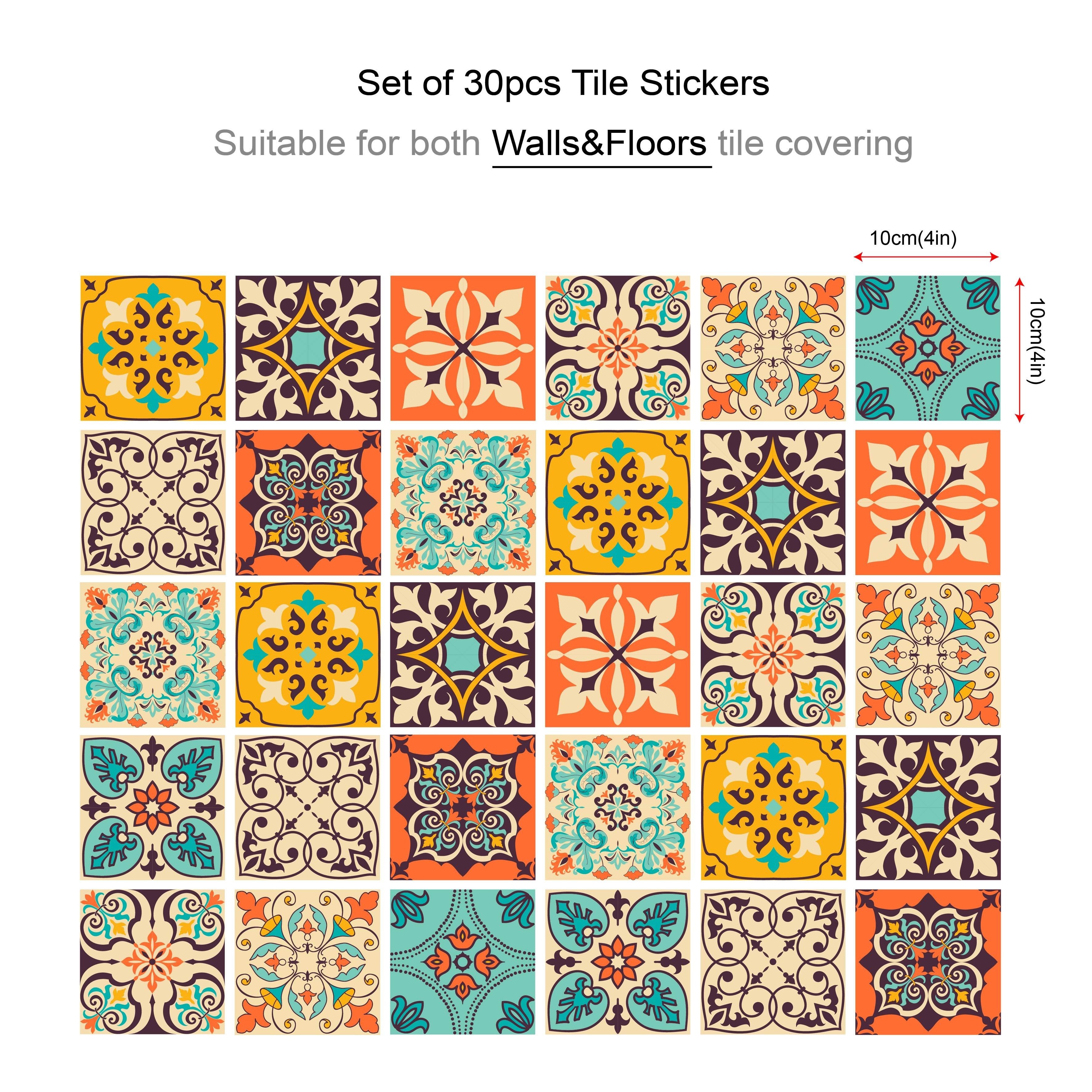 Image of 30-piece Set Vinyl Tile Decals – 4x4 Inch Moroccan Vintage Pattern Peel And Stick, Reusable Wall And Floor Transfers For Kitchen & Bathroom, Traditional Washable Decor With Self-adhesive Installation