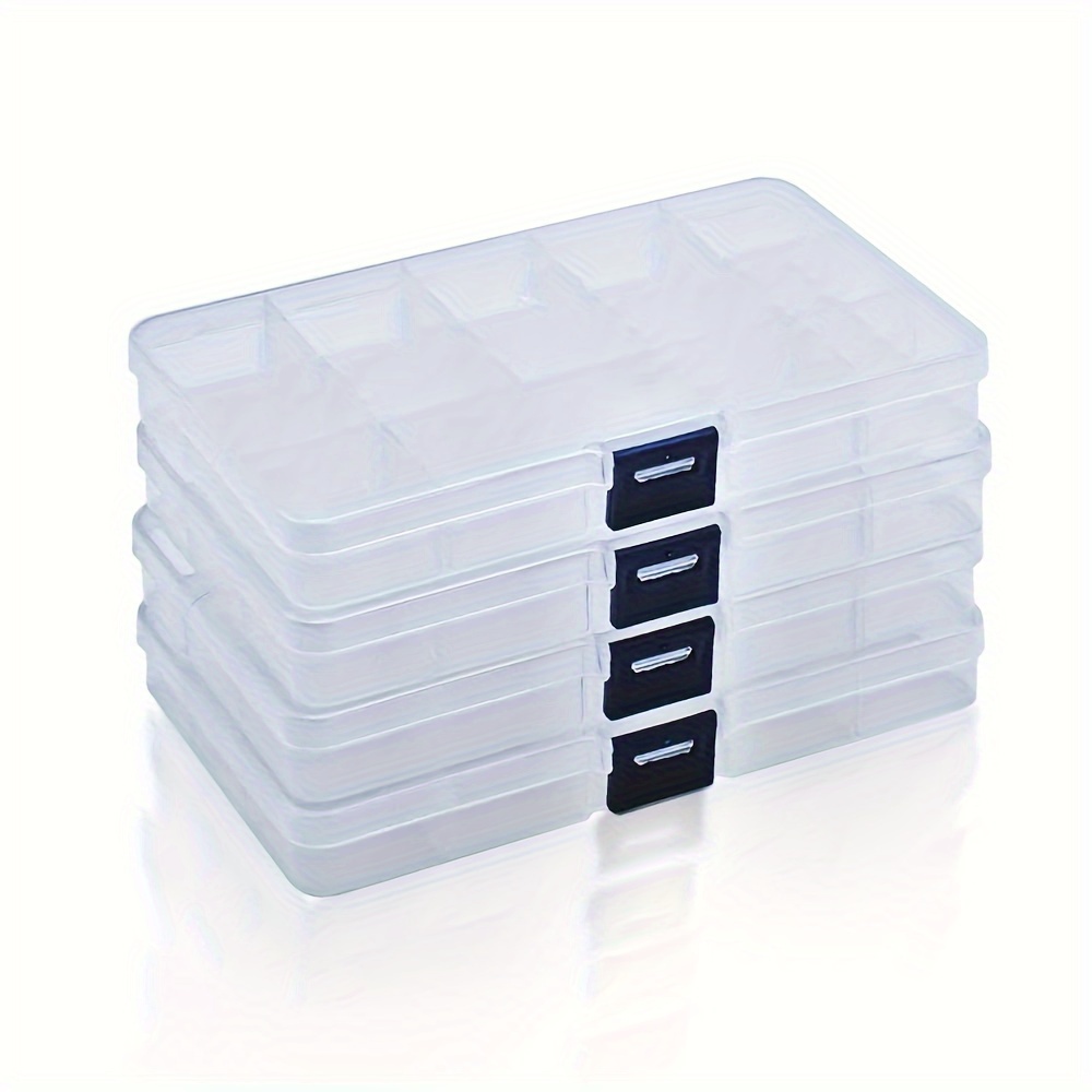 

4pcs Simplistic Style Plastic Storage Organizer Box With 15 Grids, Detachable Adjustable Grids, Clear Multipurpose Container For Beads, Crafts, Small Accessories